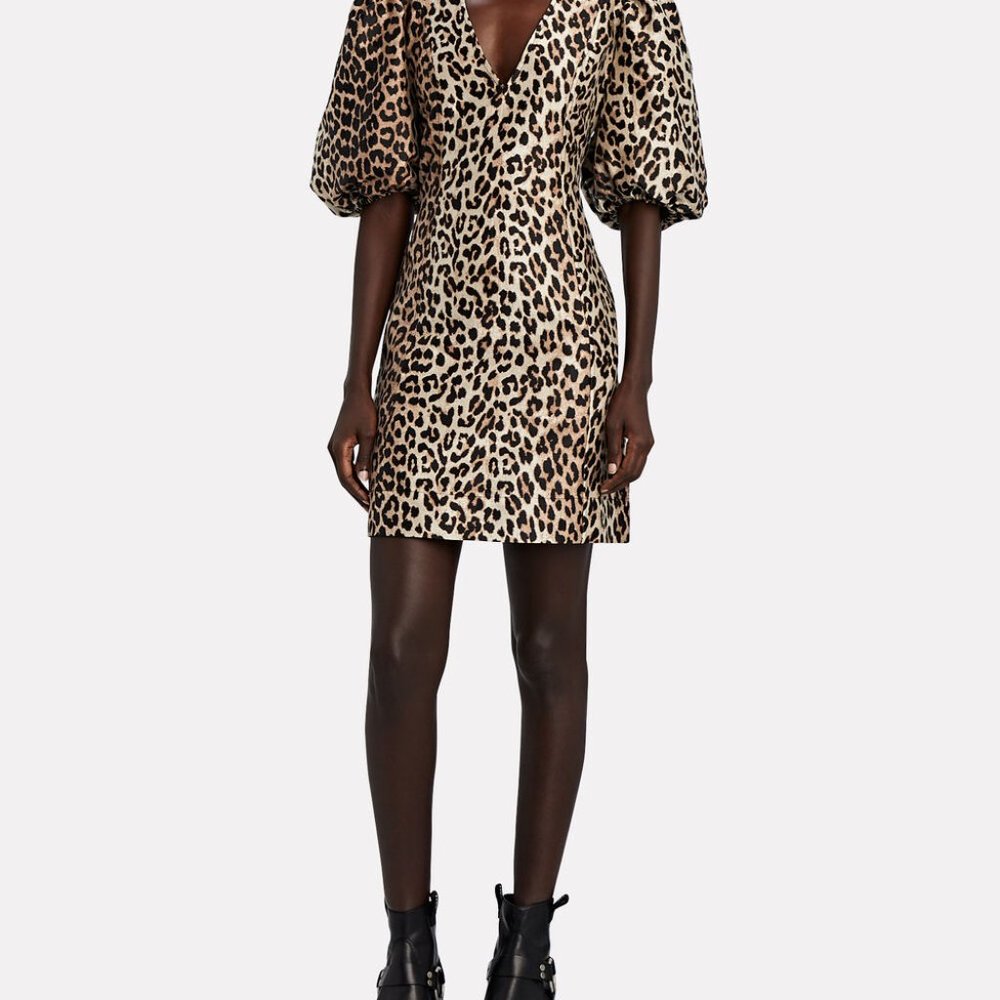NWT GANNI Leopard Jacquard Puff Sleeve Mini Dress